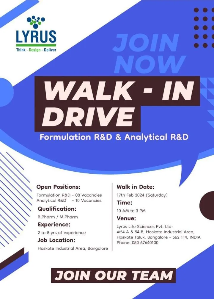 Lyrus Life Science - Walk-In Interviews for Multiple Positionson 17th Feb 2024